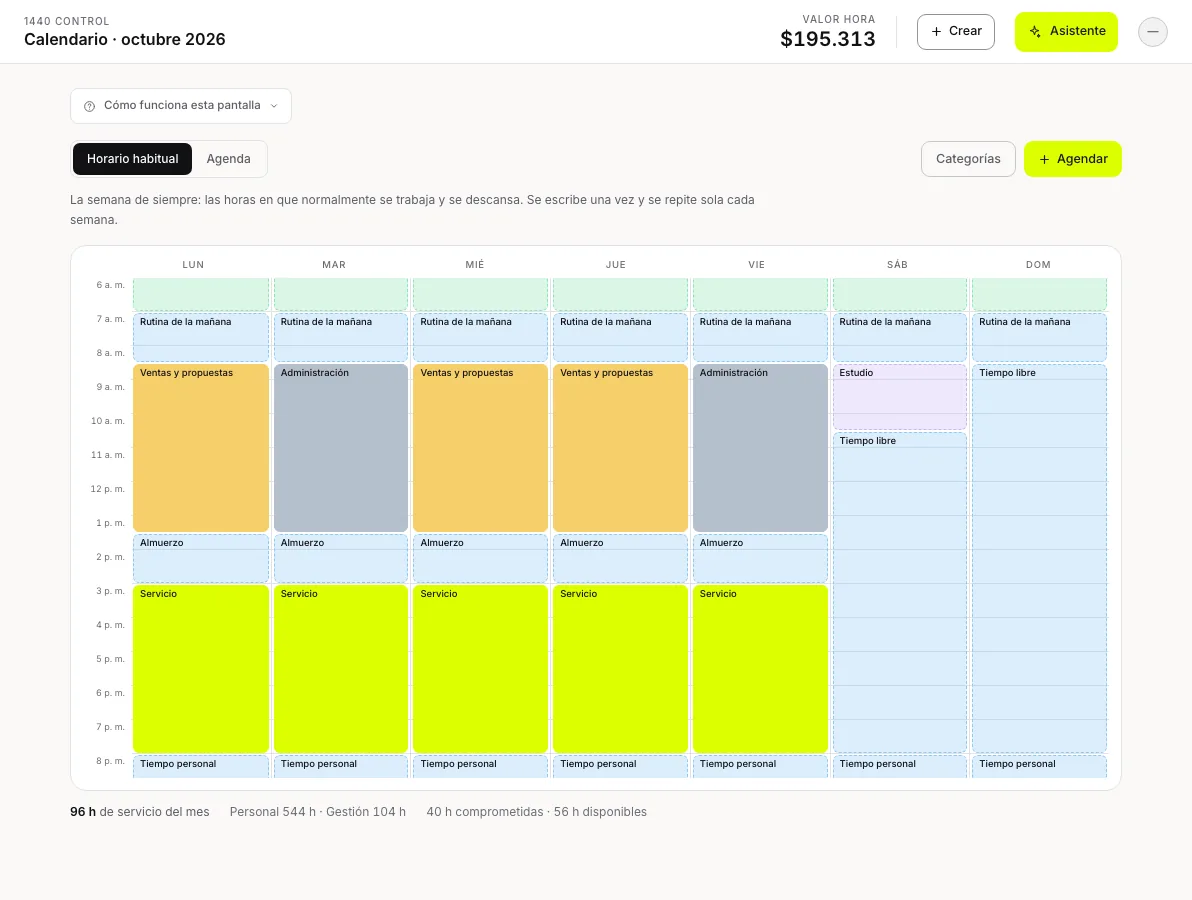 Calendario semanal de 1440 con bloques de servicio, de gestión y de tiempo personal, y el total de horas de servicio del mes debajo.