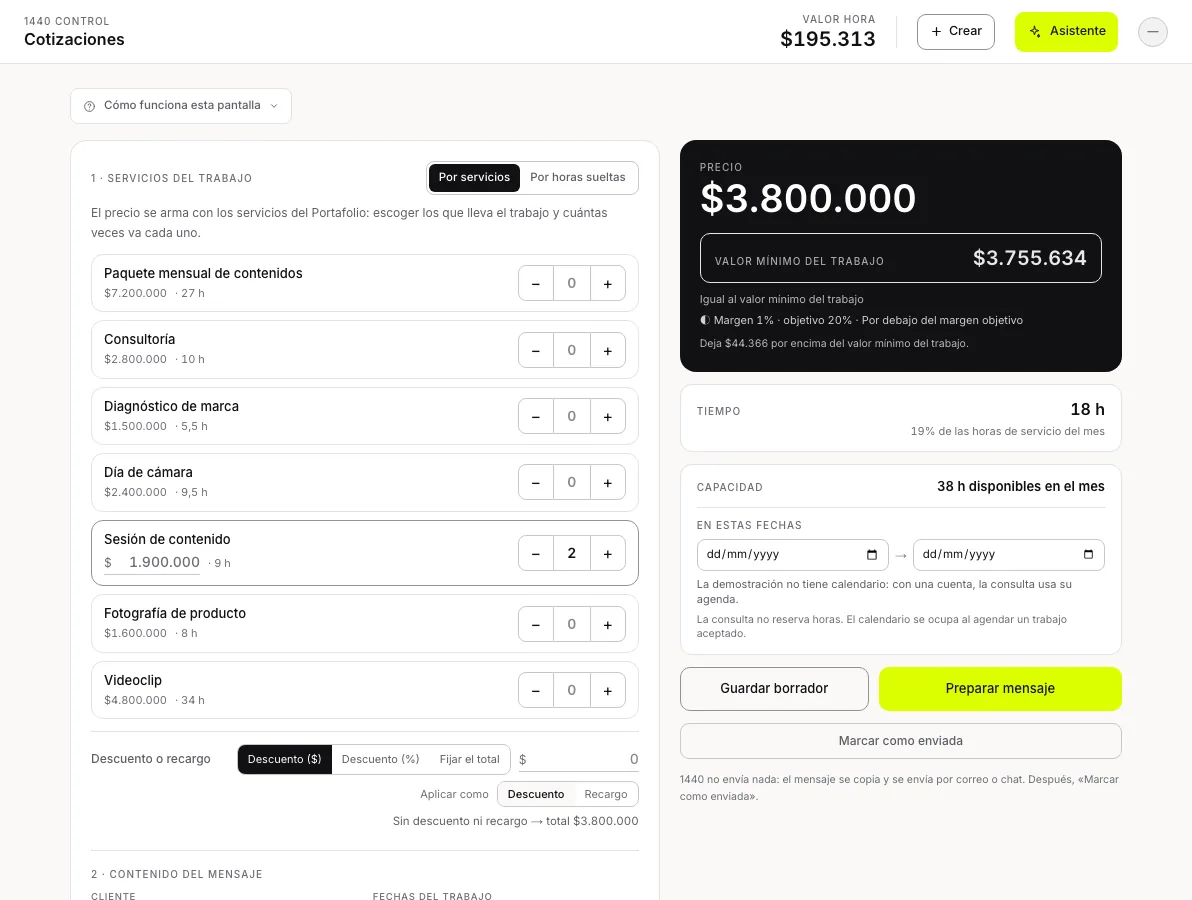 Cotización en 1440: los servicios del portafolio a la izquierda y, a la derecha, el precio, el valor mínimo del trabajo y la capacidad del mes.